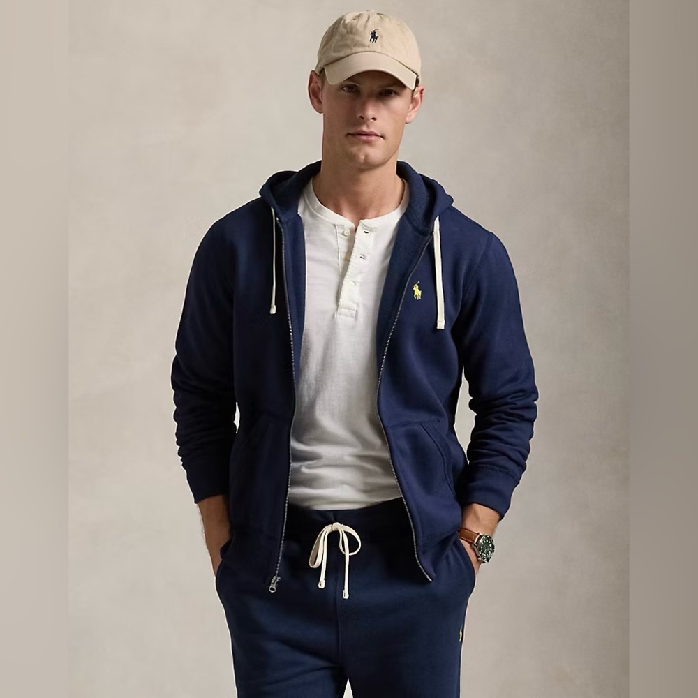Polo Ralph Lauren Cruise Navy Full Zip Fleece Hoodie Large Yellow Pony Classic